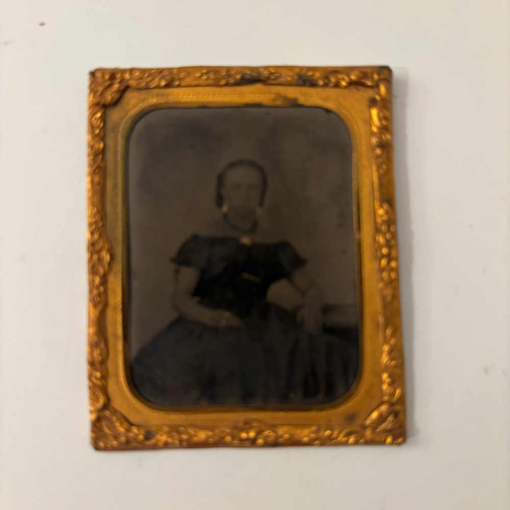 VTG 1/9 Plate Tintype Photo Seated Victorian Woman Embossed Brass Mat Preserver